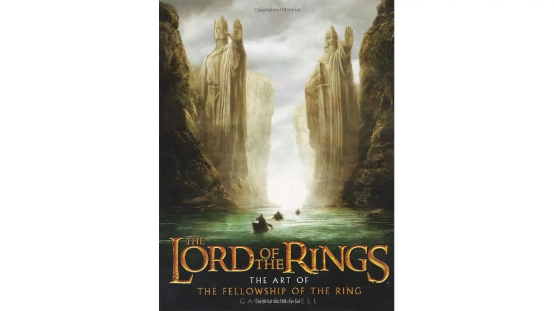 A film still from The Fellowship of the Ring demonstrating forced perspective cinematography; a practical camera technique used to create height disparity between Gandalf and the Hobbits without CGI.