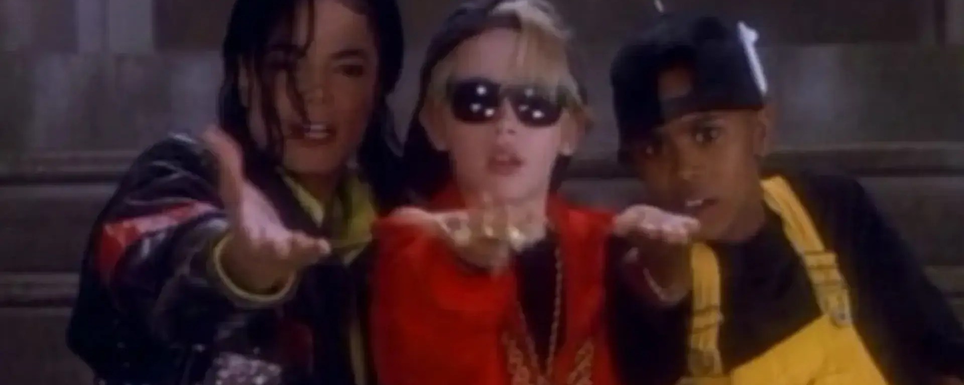 A photograph of Michael Jackson and Macaulay Culkin on the set of the 'Black or White' music video, showcasing the collaboration between the two icons during the peak of 1990s pop-culture production.