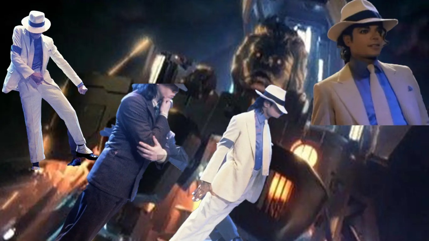 A cinematic collage from Michael Jackson’s 1988 film Moonwalker, capturing the surreal visual production and iconic costume design.
