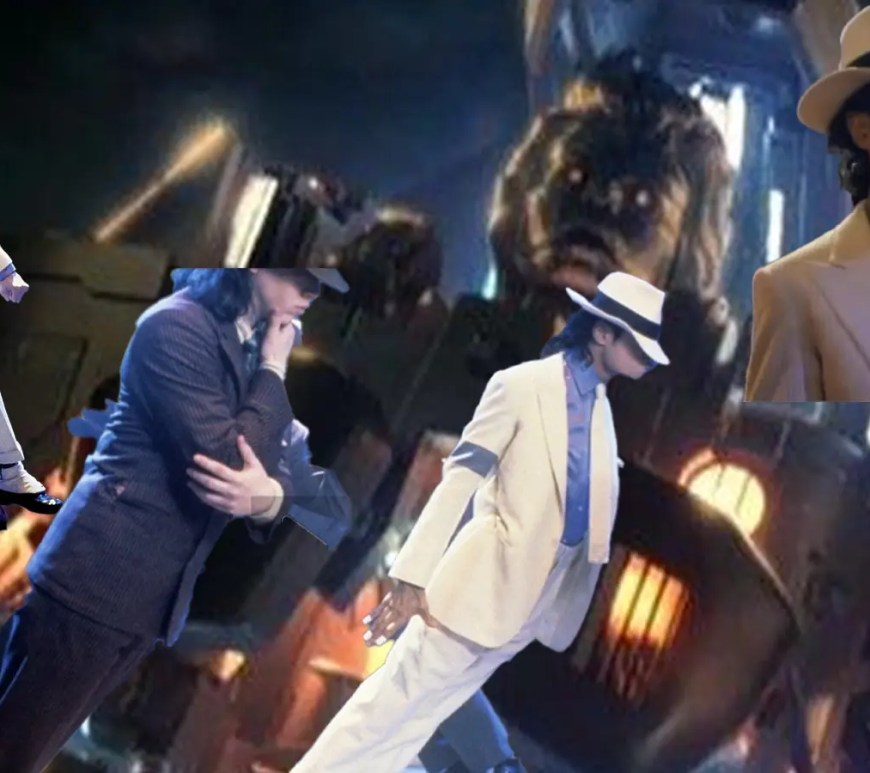 A cinematic collage from Michael Jackson’s 1988 film Moonwalker, capturing the surreal visual production and iconic costume design.