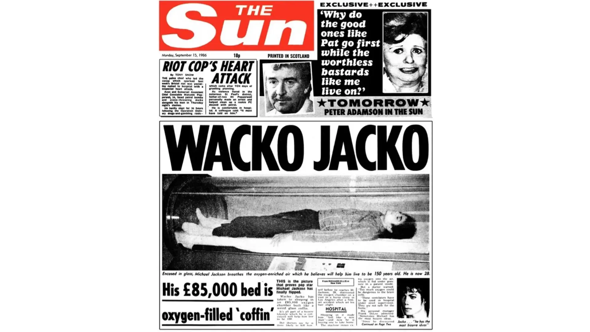 Newspaper front page featuring the headline “Wacko Jacko” in coverage of Michael Jackson.