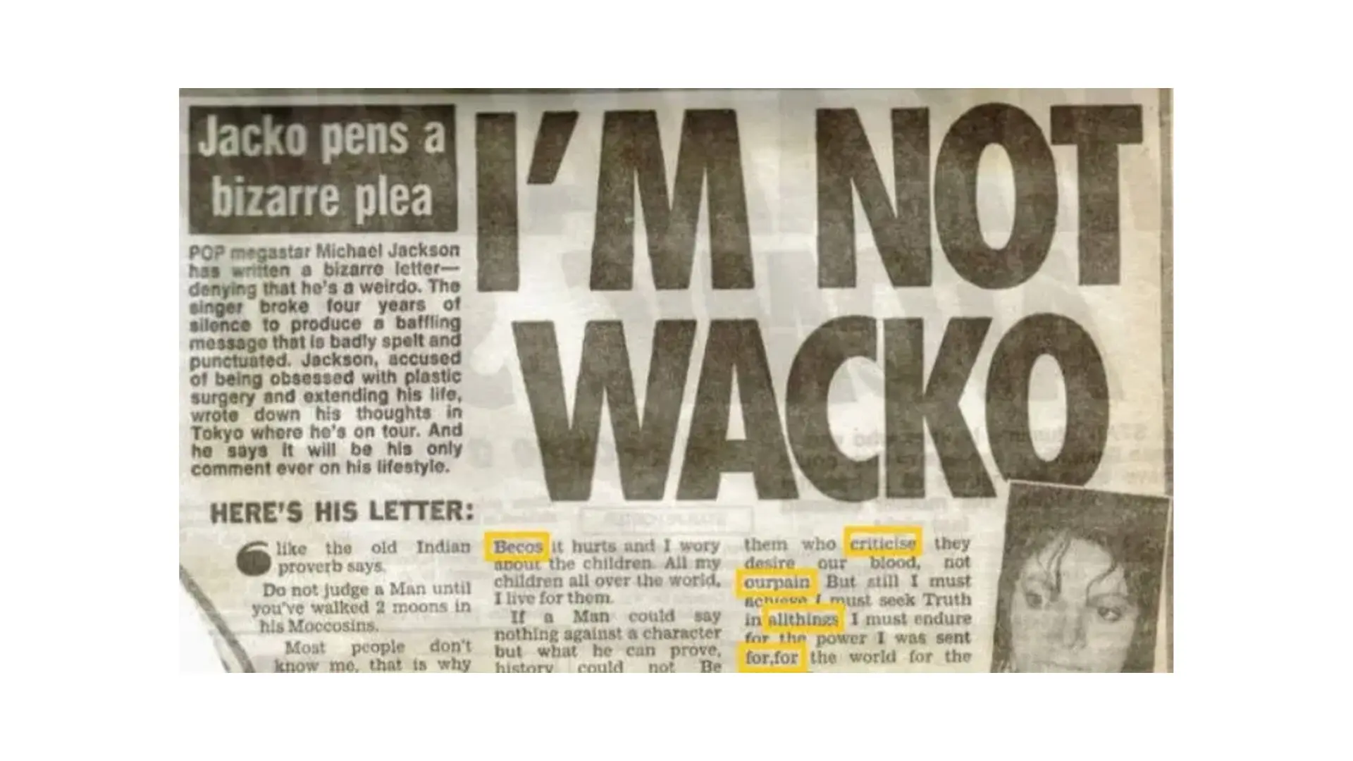 Collection of newspaper headlines using the nickname “Wacko Jacko” in reporting on Michael Jackson.