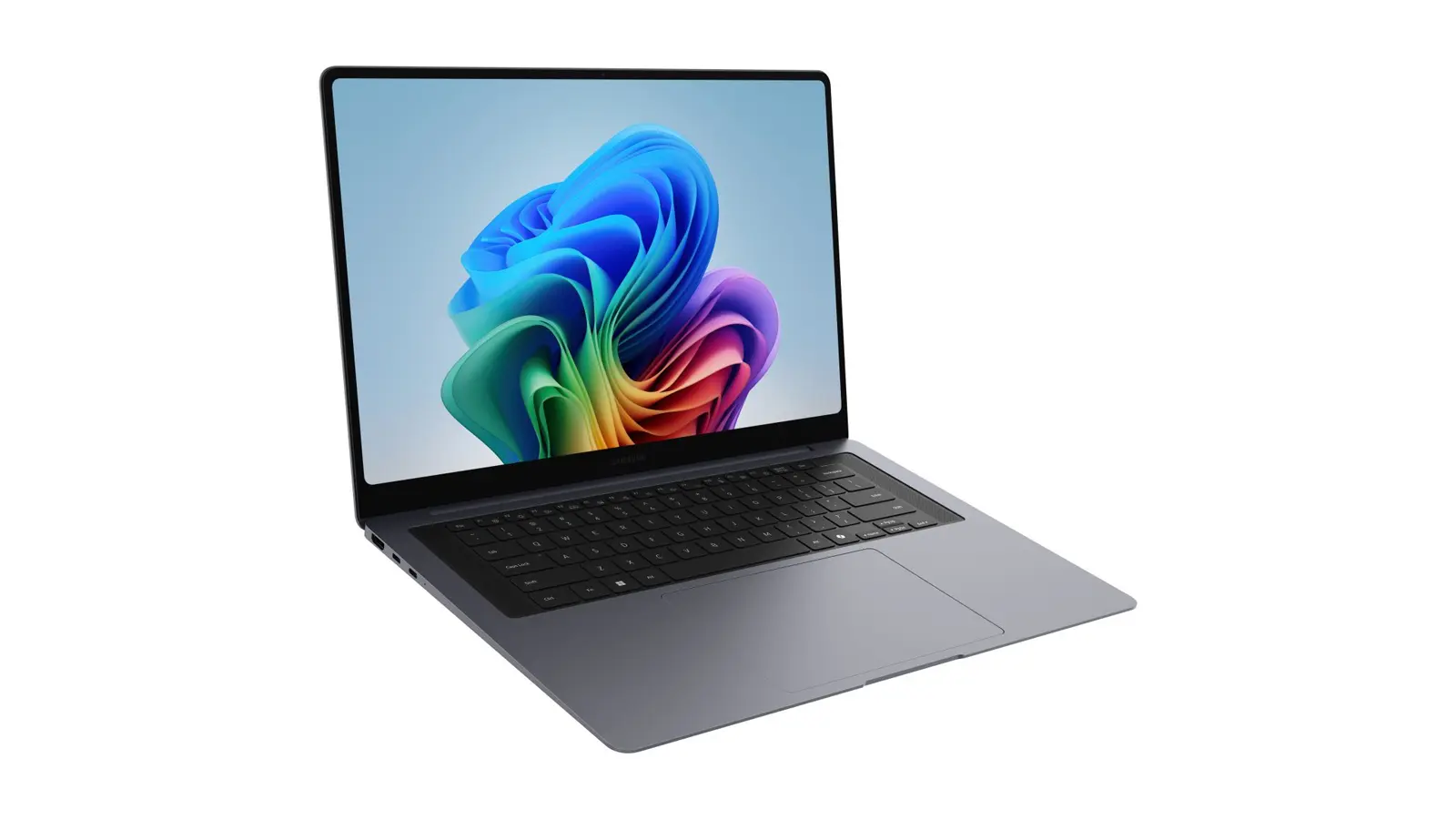 Side profile of the gunmetal gray Samsung Galaxy Book6 Ultra showing the 15.4mm ultra-slim chassis and integrated ports.