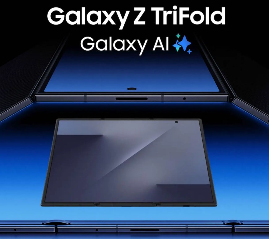 Samsung Galaxy Z TriFold expanded to 10-inch tablet mode showing three-app multitasking on a 3.9mm thin display.