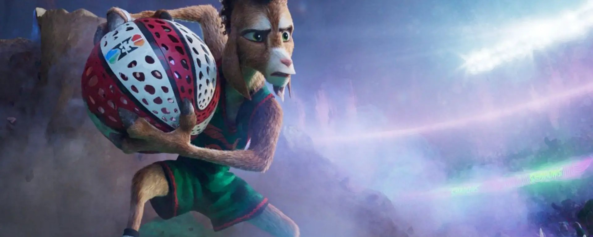 A vibrant, kinetic still from Stephen Curry's animated film 'GOAT,' showcasing the high-contrast Sony Pictures Animation style and the underdog sports narrative that led to its $51M global opening.