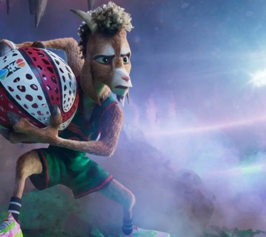 A vibrant, kinetic still from Stephen Curry's animated film 'GOAT,' showcasing the high-contrast Sony Pictures Animation style and the underdog sports narrative that led to its $51M global opening.