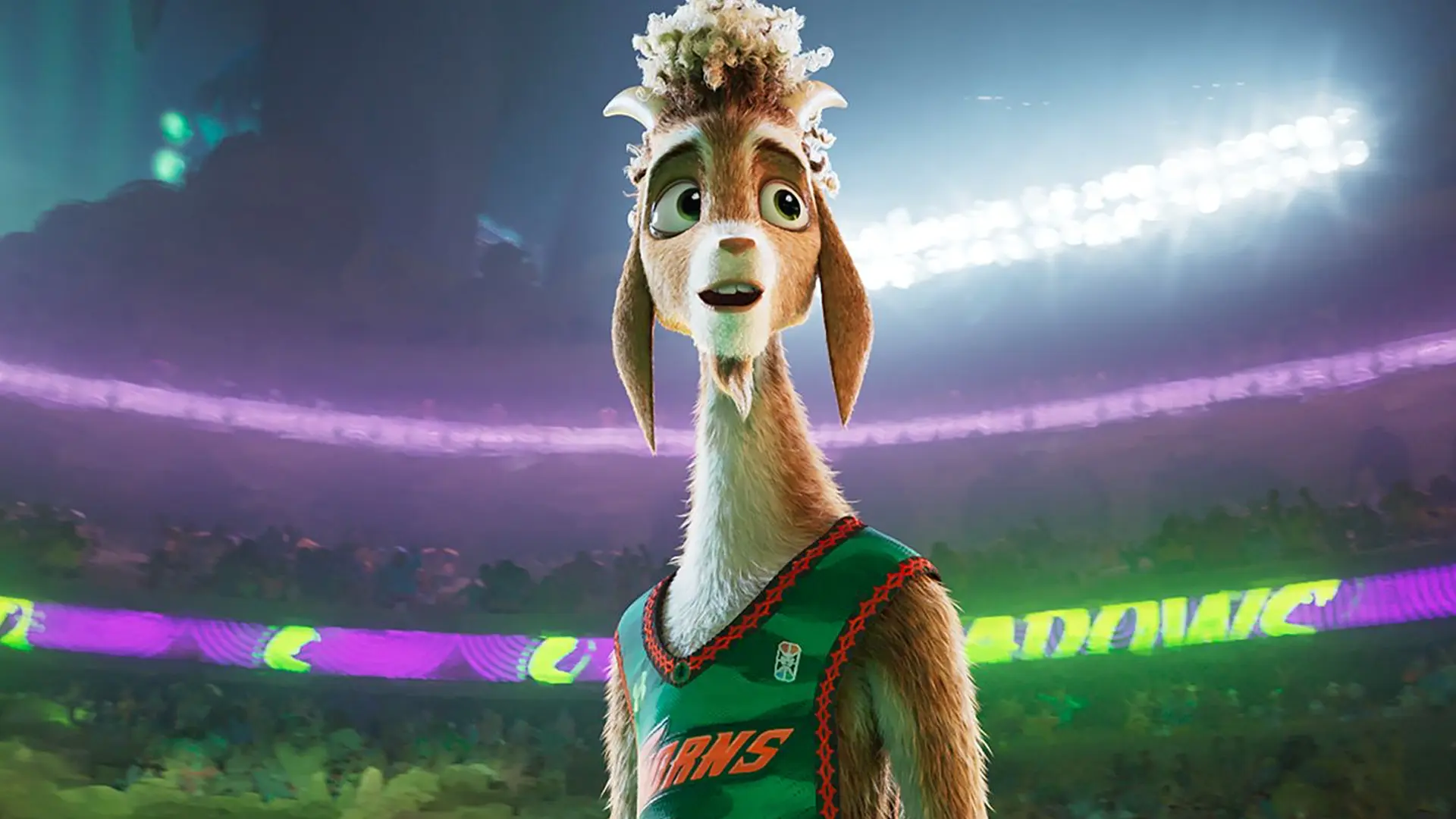 A vibrant, kinetic still from Stephen Curry's animated film 'GOAT,' showcasing the high-contrast Sony Pictures Animation style and the underdog sports narrative that led to its $51M global opening.