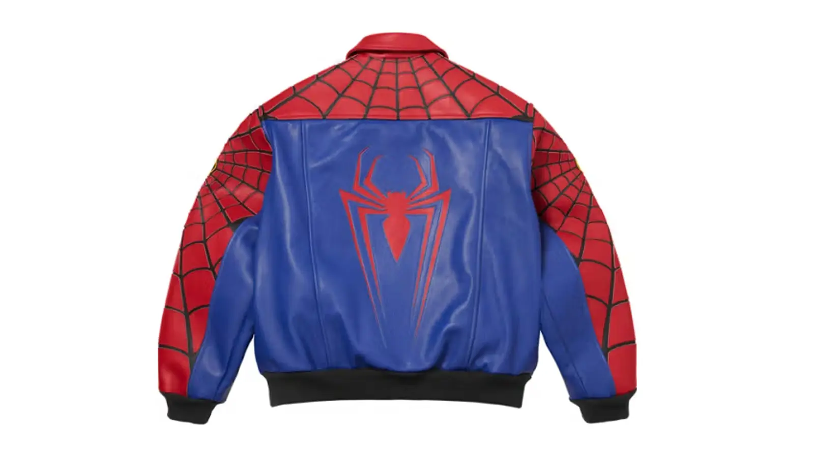 A Supreme x Vanson Leathers Spider-Man racing jacket featuring leather appliqué spider-web motifs and embroidered racing patches from the Spring/Summer 2026 Week 1 drop.