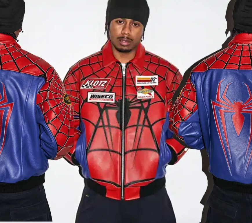 A Supreme x Vanson Leathers Spider-Man racing jacket featuring leather appliqué spider-web motifs and embroidered racing patches from the Spring/Summer 2026 Week 1 drop.