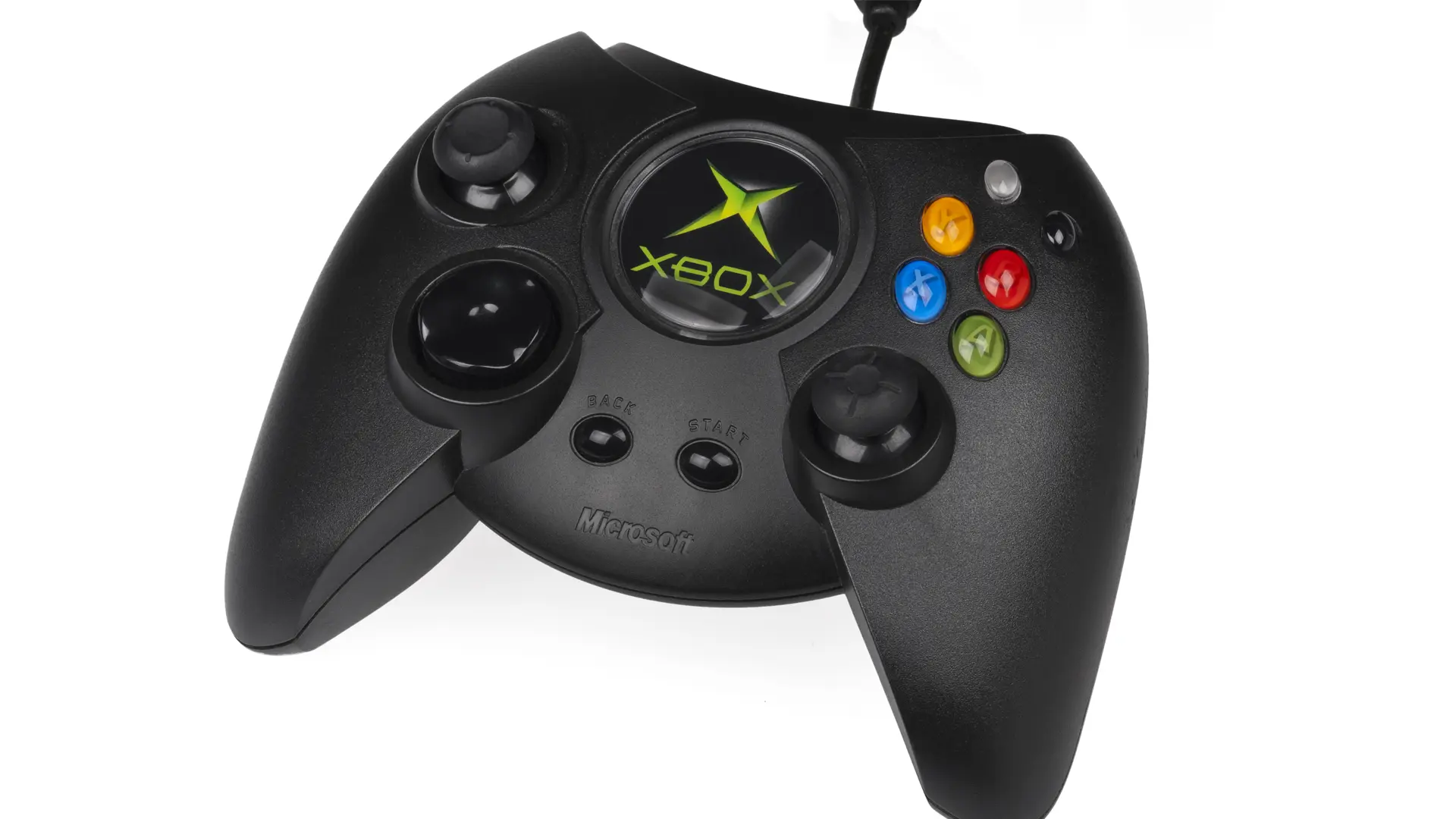 Original Xbox “Duke” controller released in 2001, known for its oversized, brutalist hardware design.