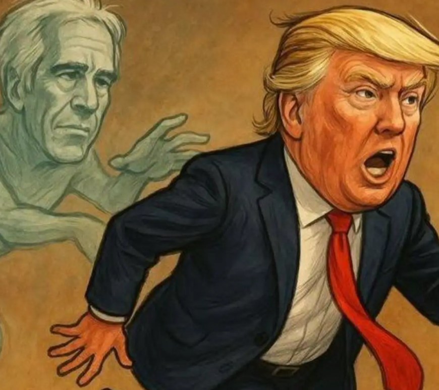 A cartoon depiction of Jeffery Epstein and Donald Trump for Clocking It