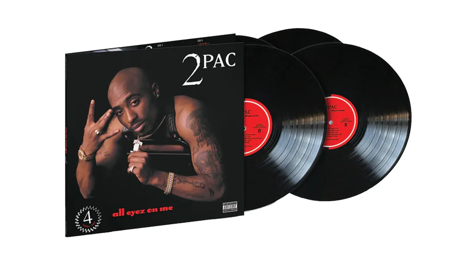 High-fidelity 4LP 180g vinyl reissue of Tupac's All Eyez on Me, showcasing the gatefold jacket and the 1996 Death Row Records analog mastering details.