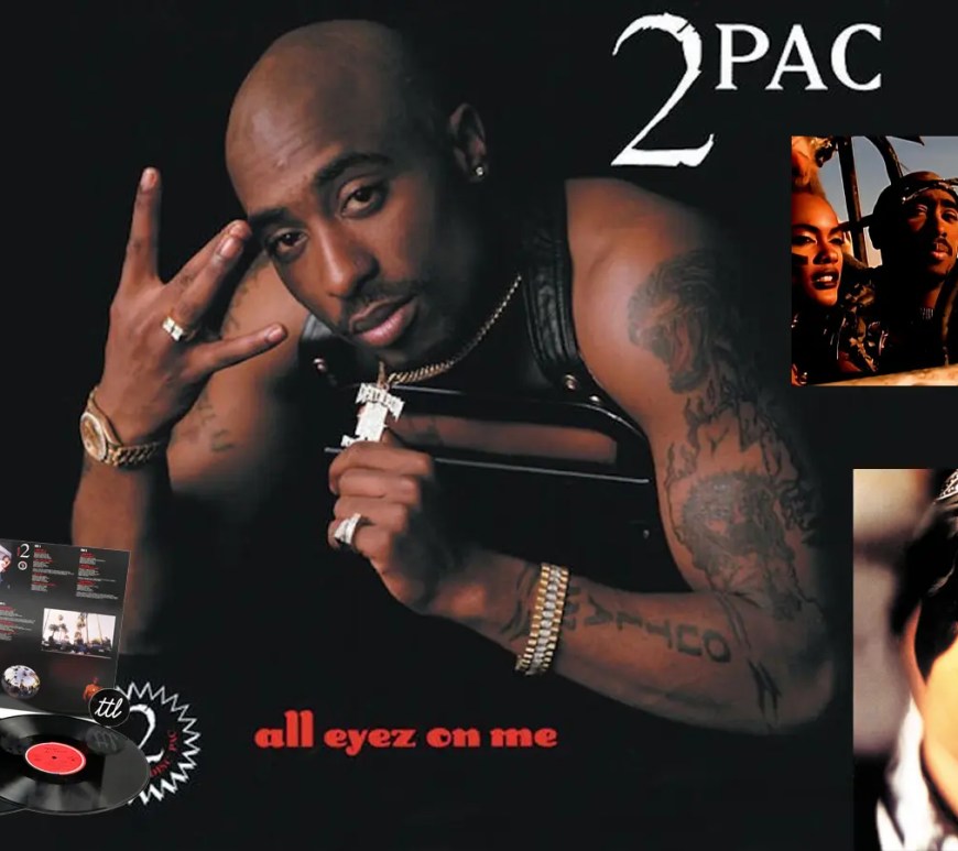 High-fidelity collage showcasing Tupac's All Eyez on Me, highlighting the gatefold jacket and the 1996 Death Row Records analog mastering details.