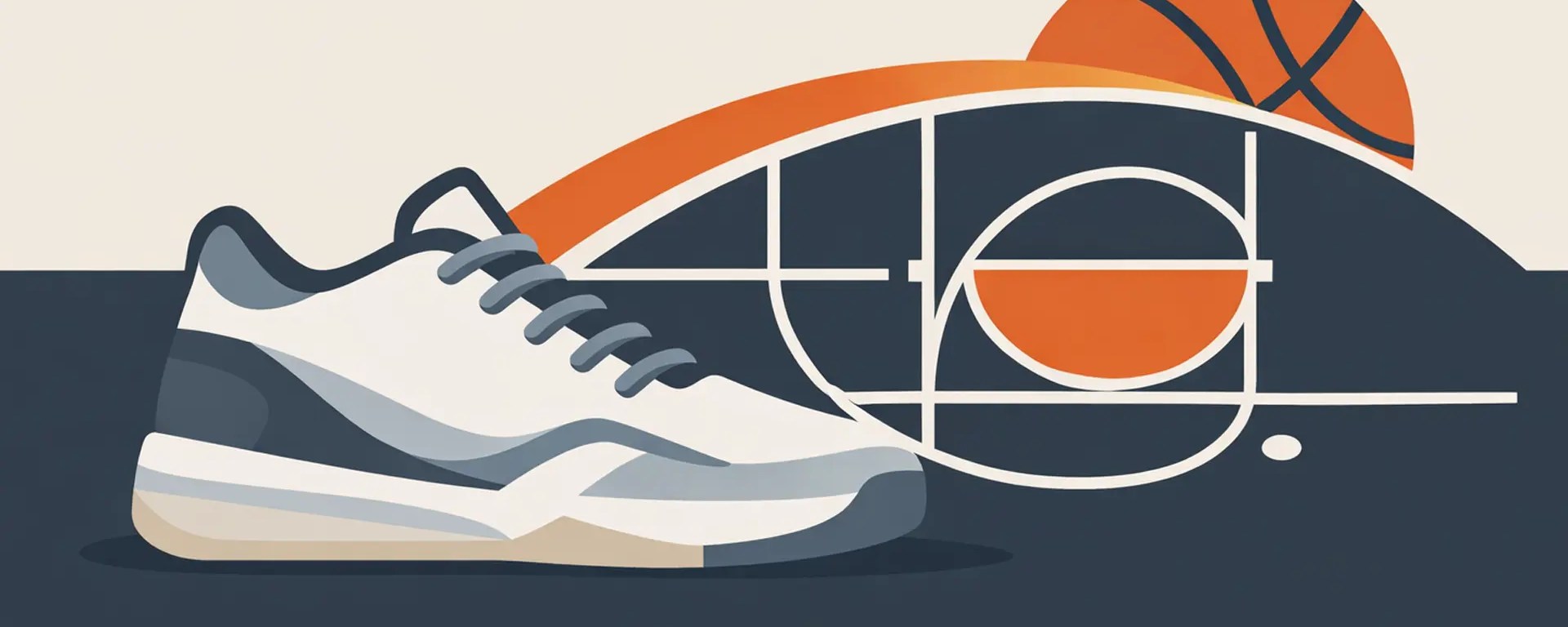 Editorial illustration of a basketball sneaker intersecting with abstract court lines, representing the cultural influence of women’s basketball on sneaker design.