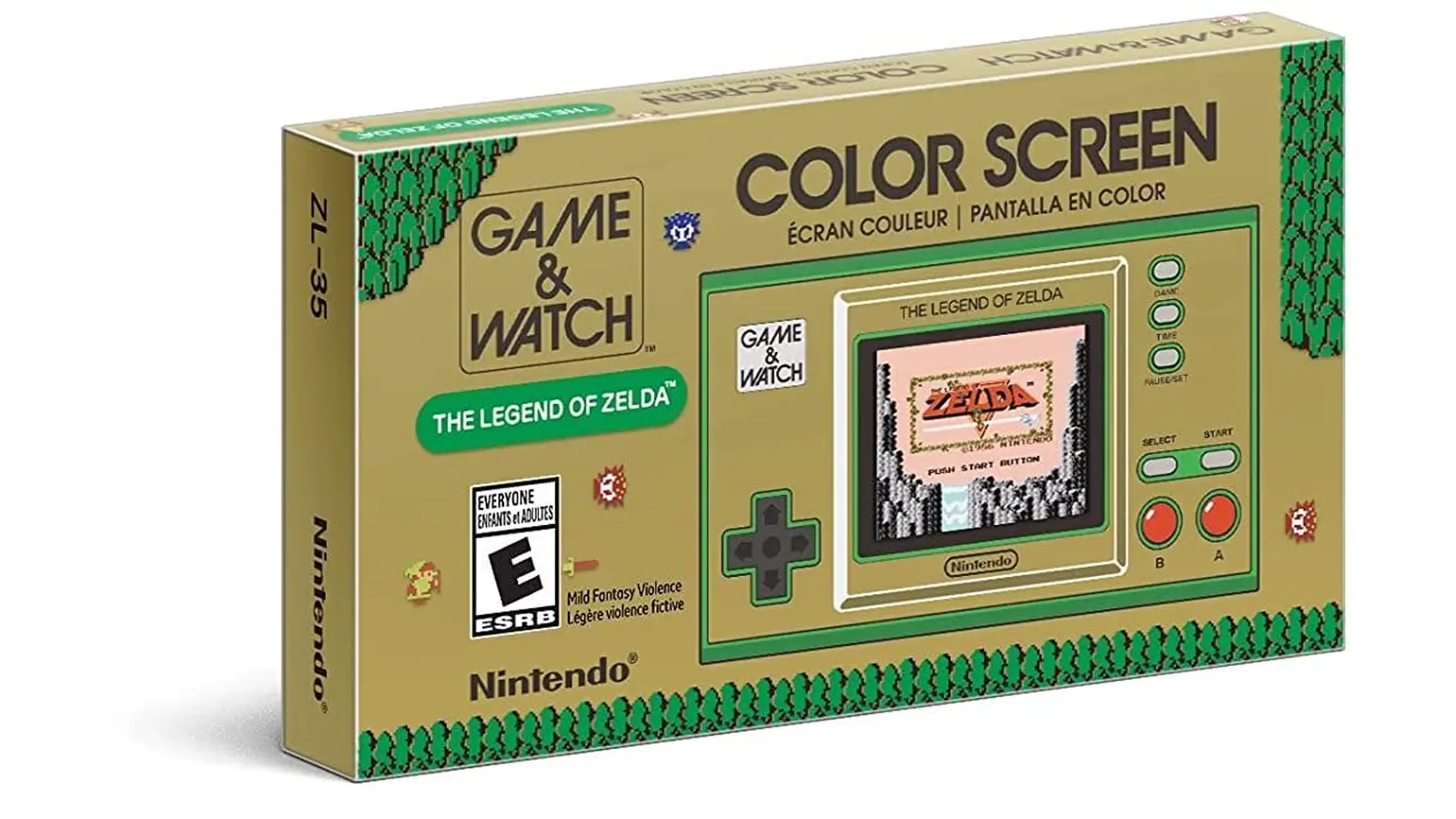 The Legend of Zelda 35th Anniversary Game and Watch handheld system featuring the classic 1980s green chassis, gold faceplate, and integrated digital clock with 8-bit Link animations.