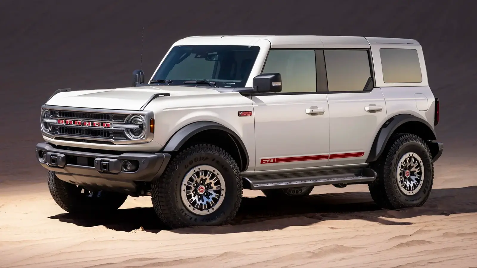 2026 Ford Bronco 60th Anniversary Edition in Wimbledon White with 35-inch tires.