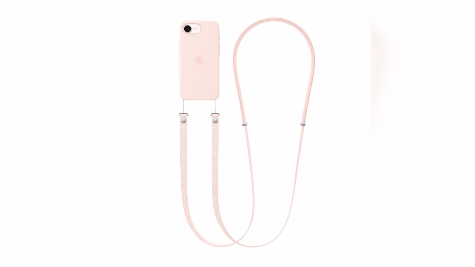 Apple Crossbody Strap in Bright Guava and Soft Pink colors, adjustable woven strap with magnetic attachment points designed to carry iPhone hands-free, priced at $59