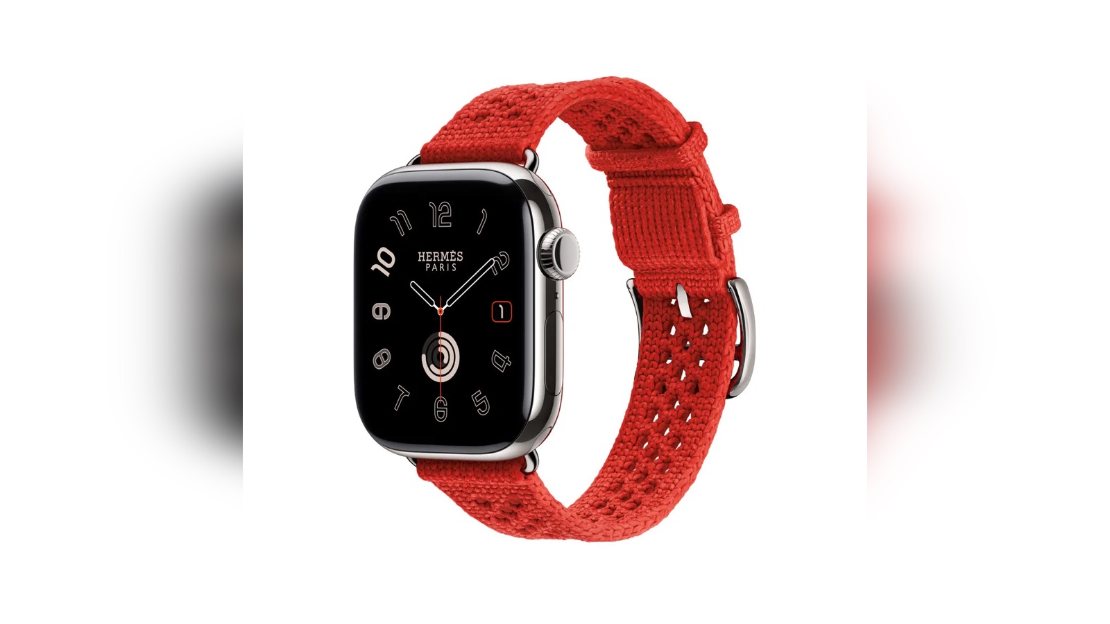 Hermès Néo Tricot knitted strap in Capucine orange showing openwork woven design inspired by 1930s sporting gloves, lightweight and breathable construction, exclusive to Spring 2026