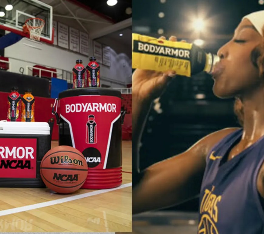 Official BodyArmor sideline hydration kit for the 2026 NCAA March Madness tournament, featuring high-contrast branded coolers and ergonomic pro-style squeeze bottles for elite athlete performance.