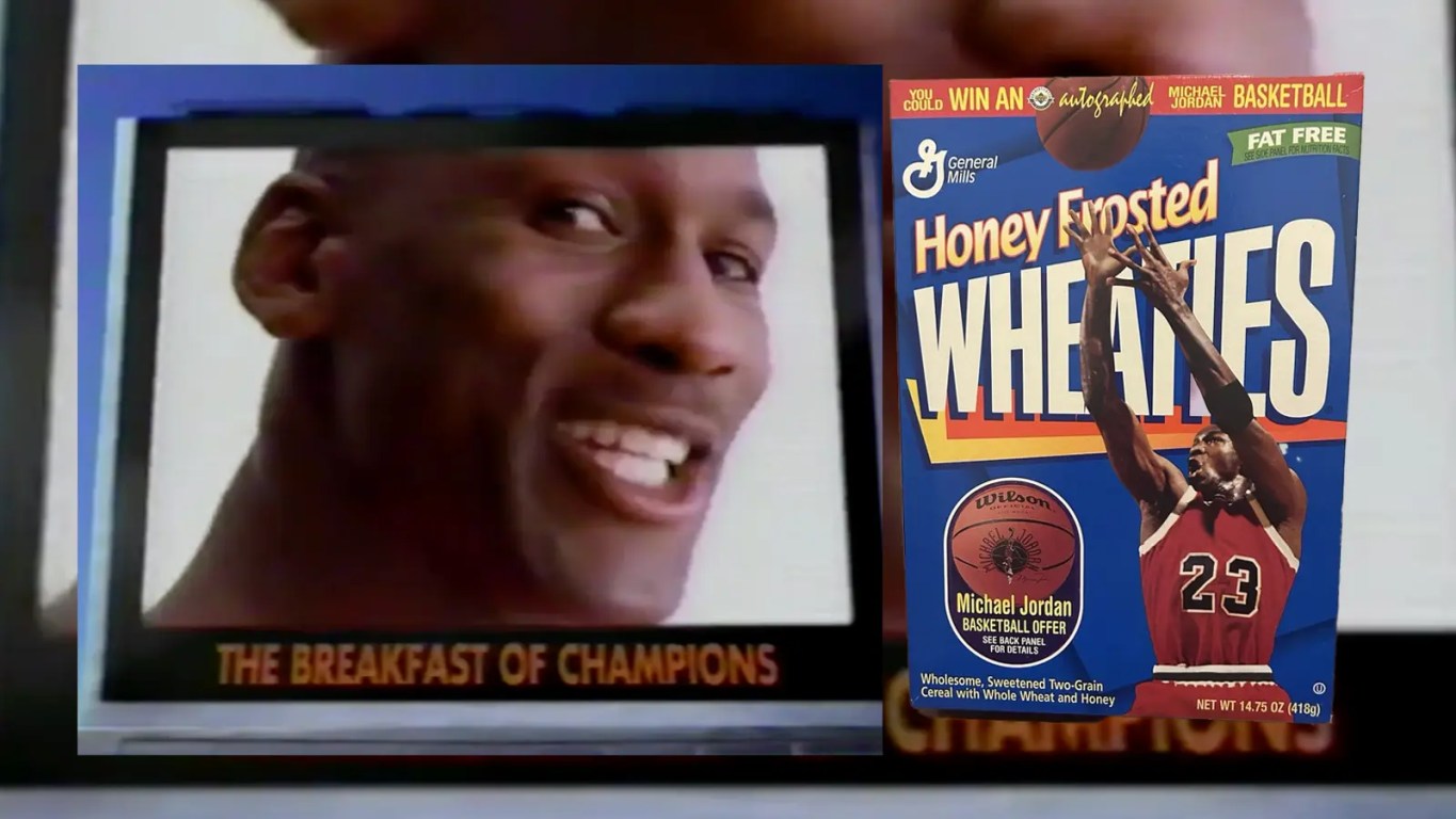 A screen capture from the 1996 Wheaties "Audition" commercial featuring Michael Jordan, Deion Sanders, and Steve Young, and a picture of the Wheaties box