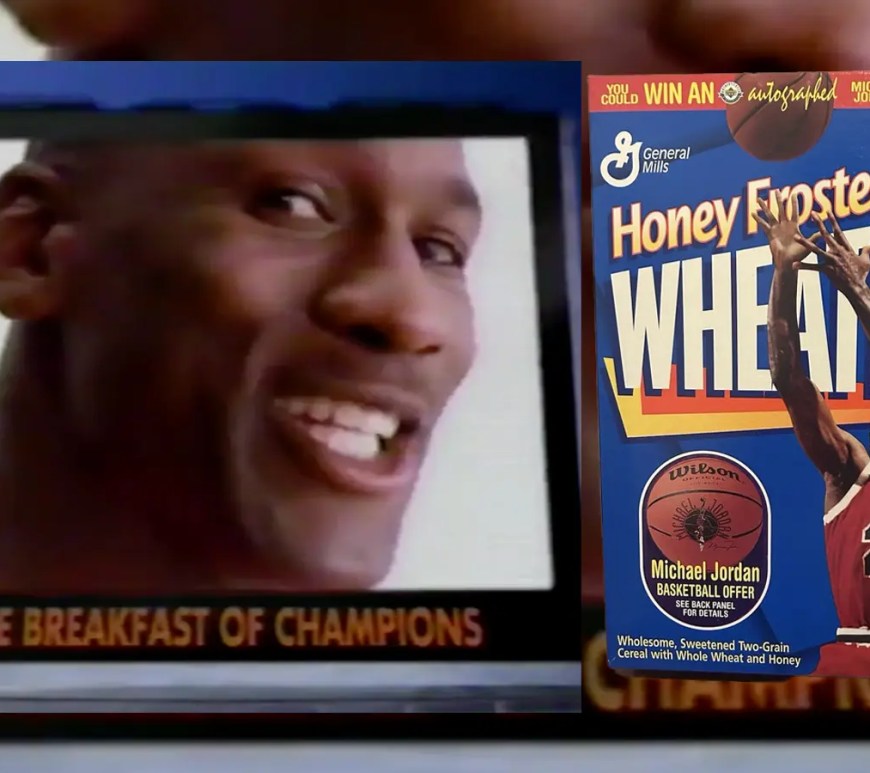 A screen capture from the 1996 Wheaties "Audition" commercial featuring Michael Jordan, Deion Sanders, and Steve Young, and a picture of the Wheaties box