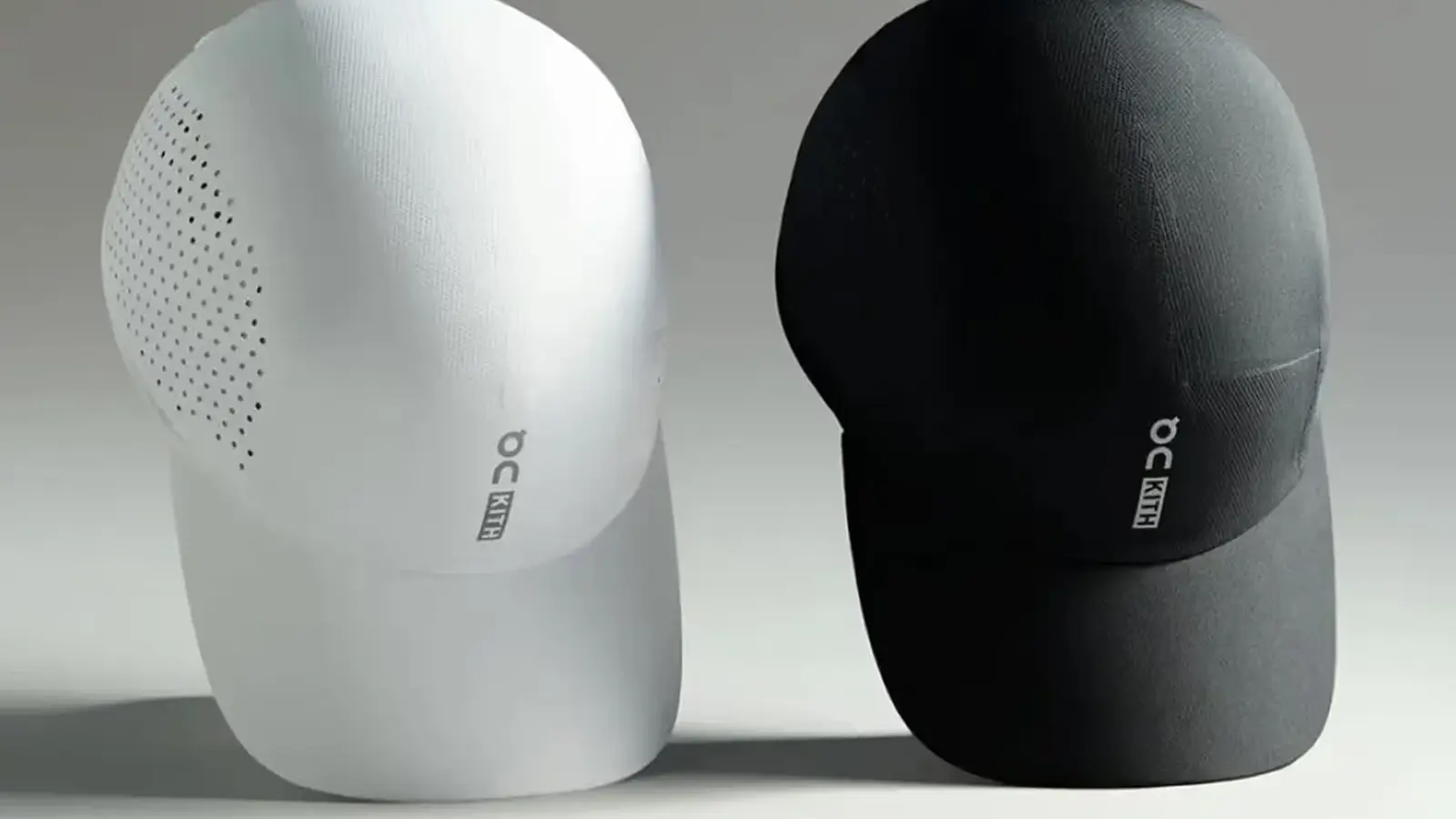 The Kith x On Lightweight Cap 2.0 in white and, showing the perforated side panels and reflective co-branding on the front.