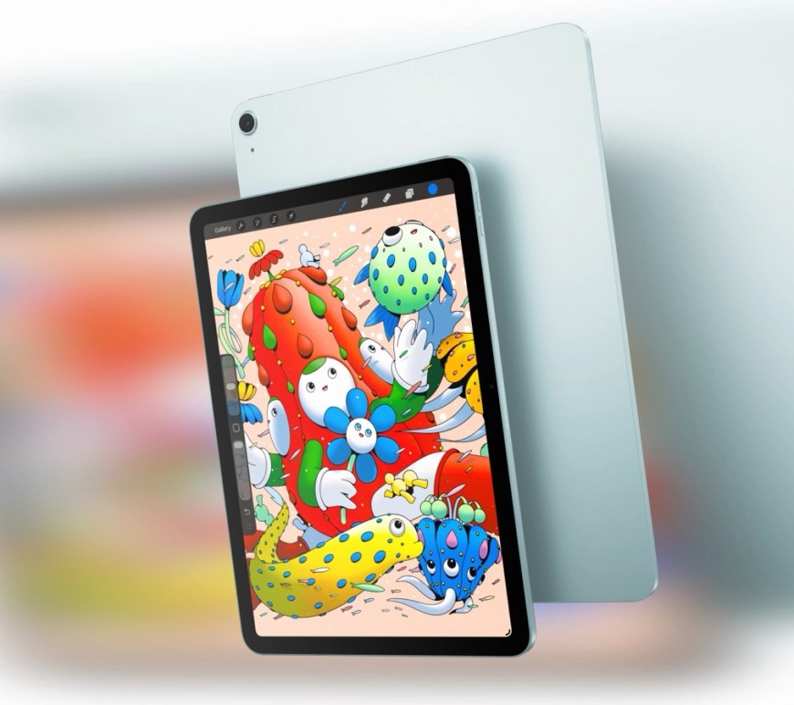 Apple M4 iPad Air shown in 2 sizes and in Starlight finish against minimalist background, featuring the larger 13-inch display with colorful abstract wallpaper, thin bezels, and front-facing camera centered on landscape edge, released March 2026