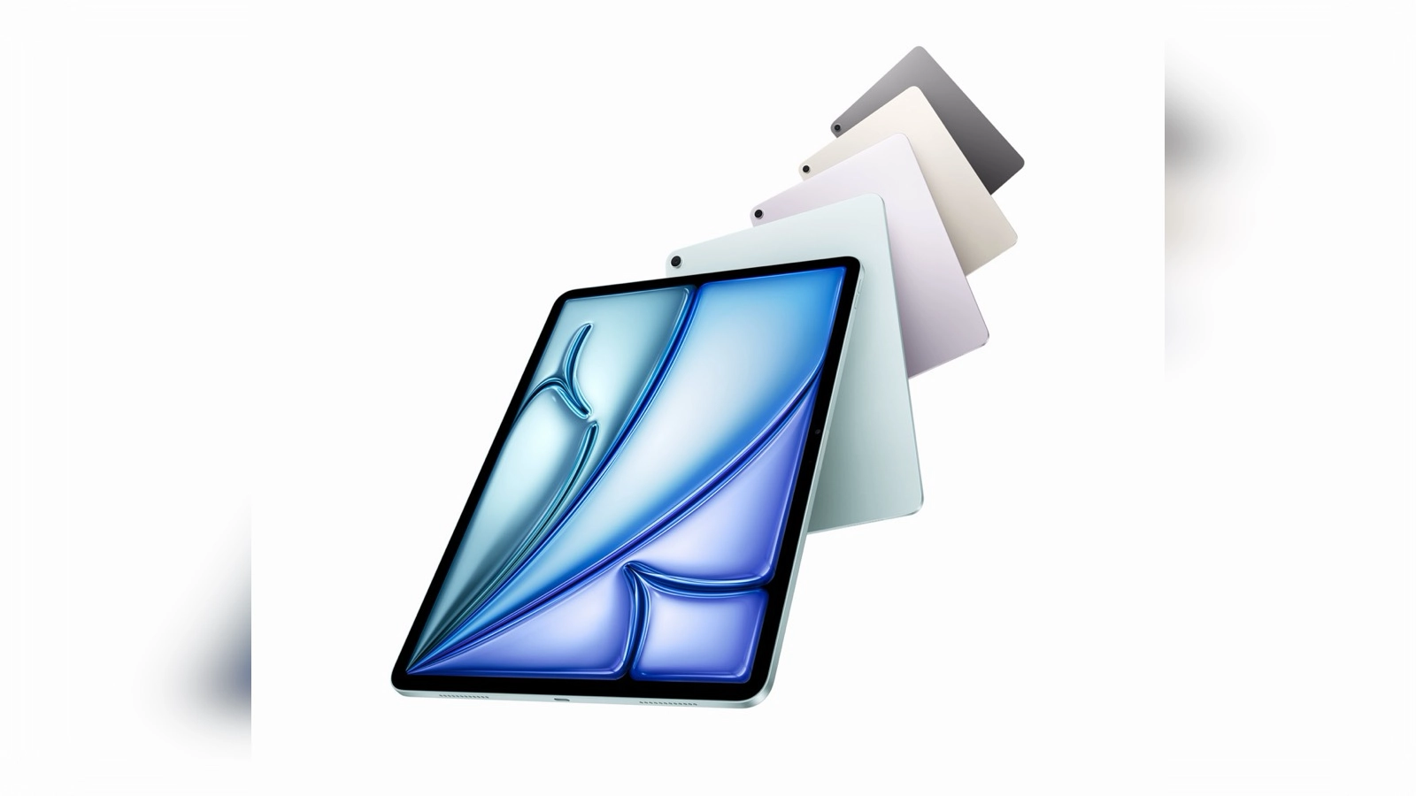 Apple M4 iPad Air shown in Starlight finish against minimalist background, featuring the larger 13-inch display with colorful abstract wallpaper, thin bezels, and front-facing camera centered on landscape edge, released March 2026