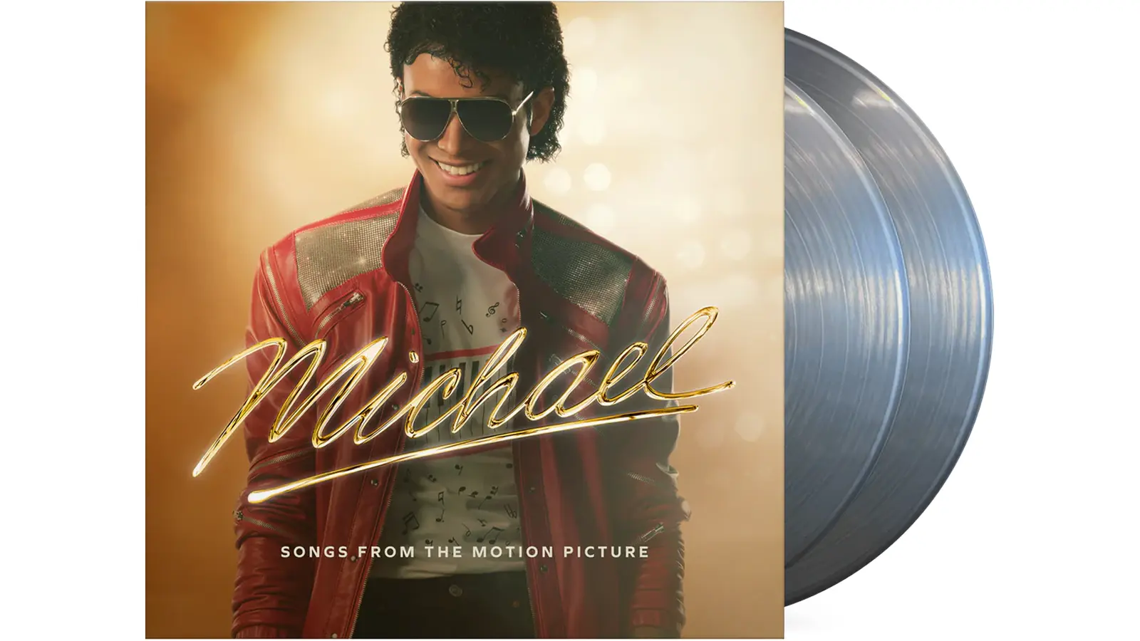 "Official pre-order mockup of 'Michael: Songs From The Motion Picture' soundtrack on 2LP Translucent Black Ice vinyl. The gatefold packaging features film stills of Jaafar Jackson as Michael Jackson, spanning the Jackson 5 era to the 1987 Bad era."