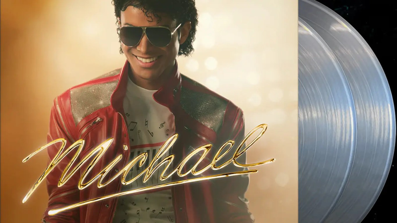 "Official pre-order mockup of 'Michael: Songs From The Motion Picture' soundtrack on 2LP Translucent Black Ice vinyl. The gatefold packaging features film stills of Jaafar Jackson as Michael Jackson, spanning the Jackson 5 era to the 1987 Bad era."