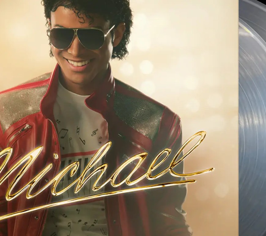 "Official pre-order mockup of 'Michael: Songs From The Motion Picture' soundtrack on 2LP Translucent Black Ice vinyl. The gatefold packaging features film stills of Jaafar Jackson as Michael Jackson, spanning the Jackson 5 era to the 1987 Bad era."