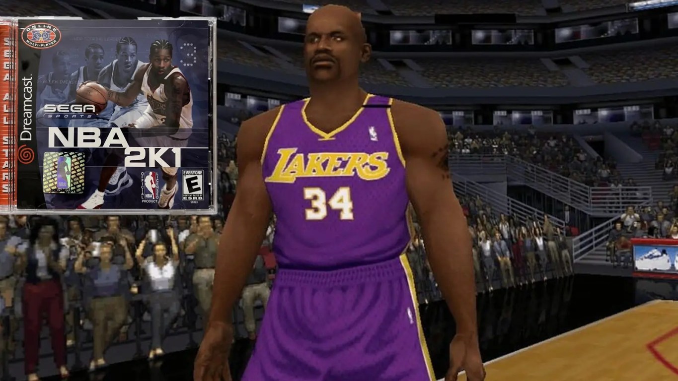 A screenshot of NBA 2K1 for the Sega Dreamcast, featuring Shaquille O'Neal in his purple Lakers jersey, symbolizing the birth of online console basketball and early 2000s streetball culture.