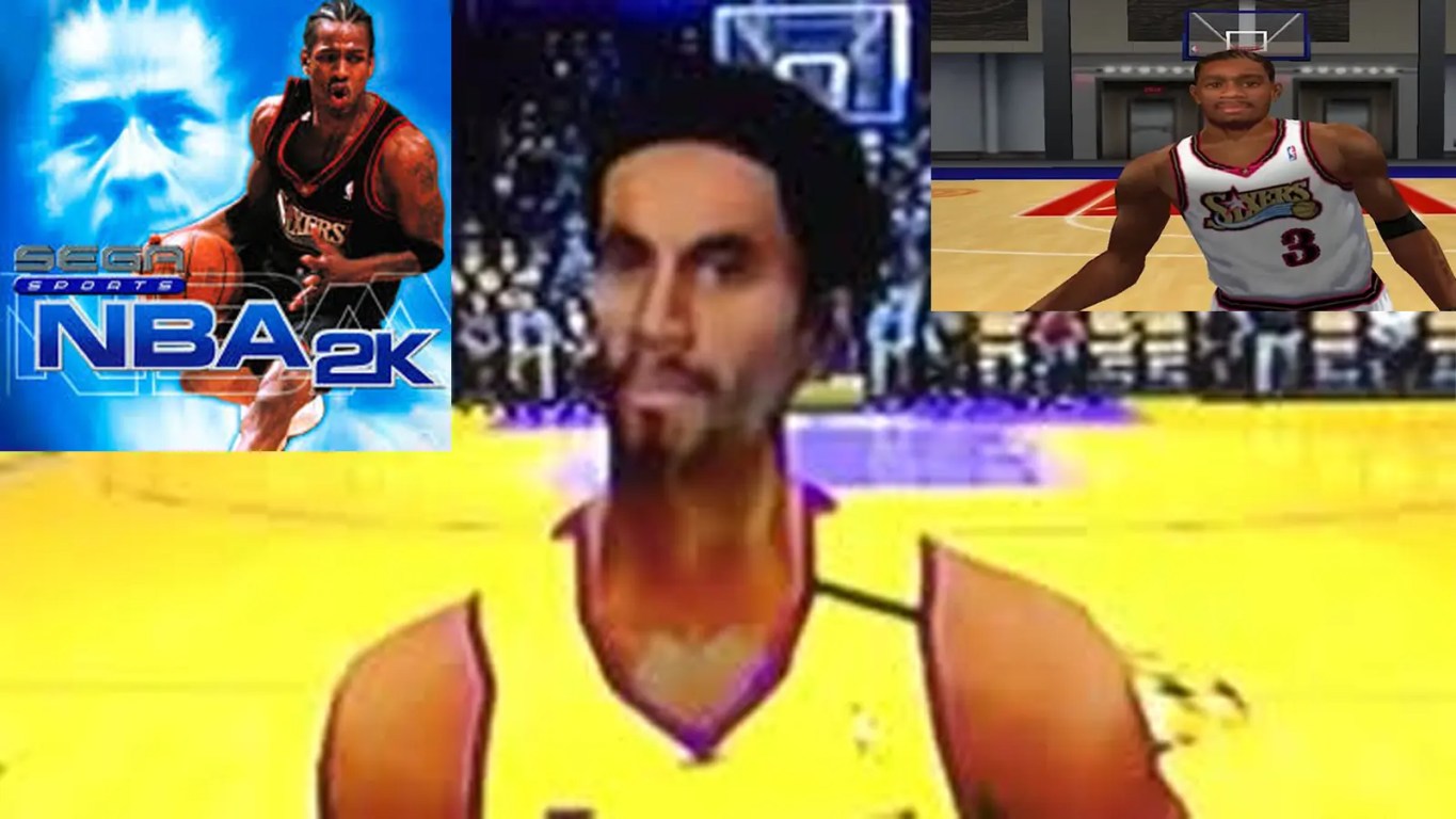 Detailed technical screenshot of NBA 2K (1999) gameplay on Sega Dreamcast featuring Allen Iverson driving to the basket. High-polygon player models and early 3D facial morphing are visible under arena lighting.