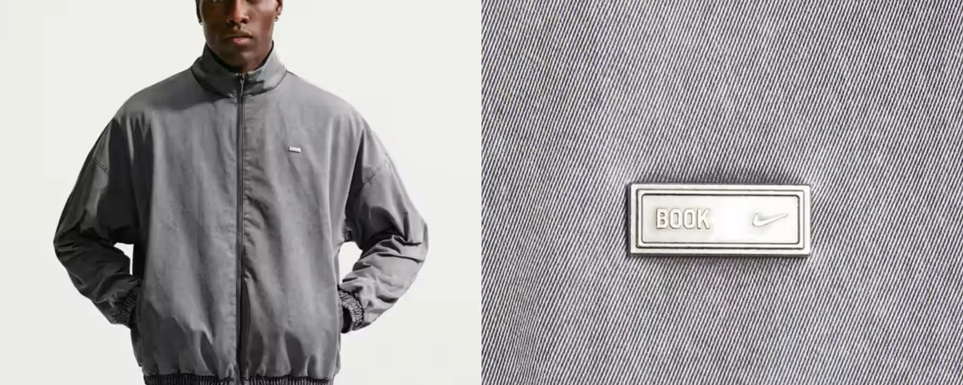 A studio profile of the Nike Book 'Chapter II' Woven Game Jacket in both Black and Tattoo colorways, showcasing the sun-faded dye finish, Dri-FIT woven fabric, and relaxed fit.