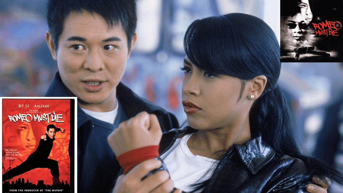 Jet Li and Aaliyah in a promotional still for Romeo Must Die (2000). The image highlights the film's Y2K tactical wardrobe and the 'high-speed' cinematography that defined the turn-of-the-century action genre.