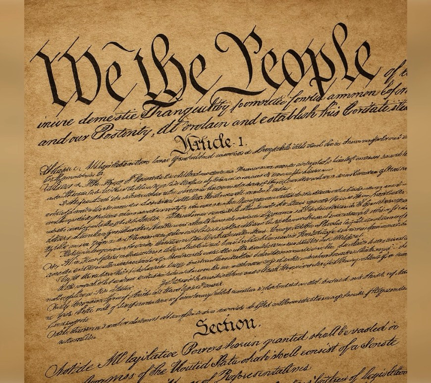 Close-up of the original United States Constitution parchment, featuring the phrase “We the People” in ornate black script at the top. The aged paper has a warm golden-brown tone with visible creases and textured surface. Below, the preamble and Article I text are written in elegant cursive, with dramatic lighting highlighting the ink strokes and parchment details.