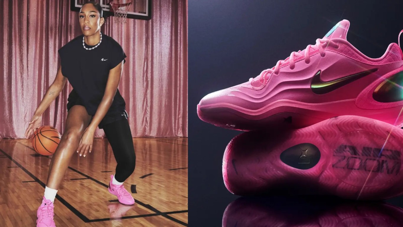 A’ja Wilson posing with the new Nike A’Two, showcasing the pearl-molded upper and the vibrant A’Pink colorway