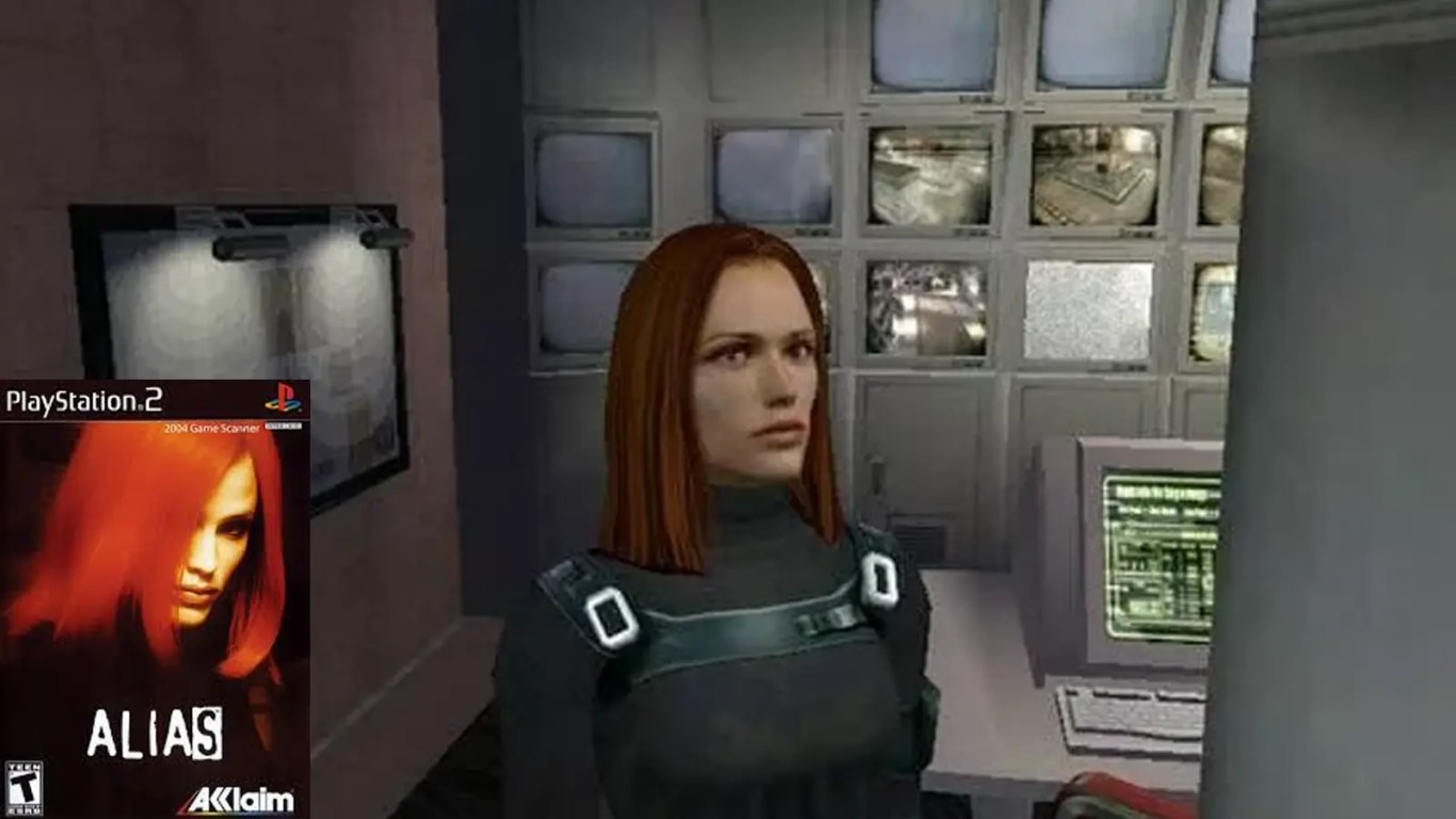 Screenshot of the 2004 Alias video game and the cover for PlayStation 2 featuring Sydney Bristow in a stealth suit using a high-tech hacking gadget.