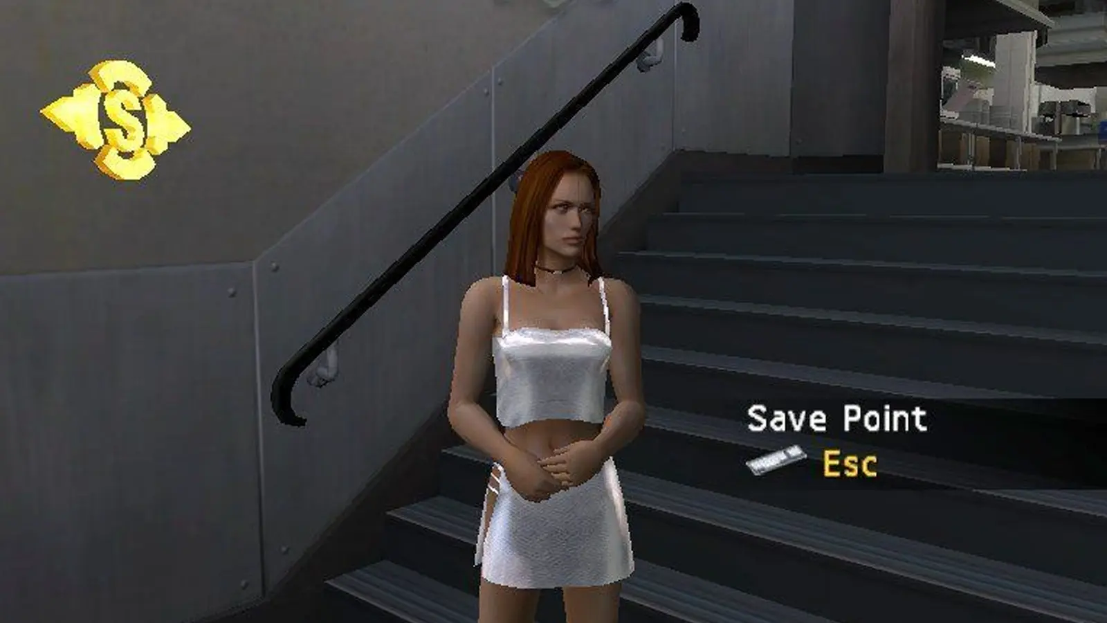 Screenshot of the 2004 Alias video game for PlayStation 2 featuring Sydney Bristow in a stealth suit using a high-tech hacking gadget.
