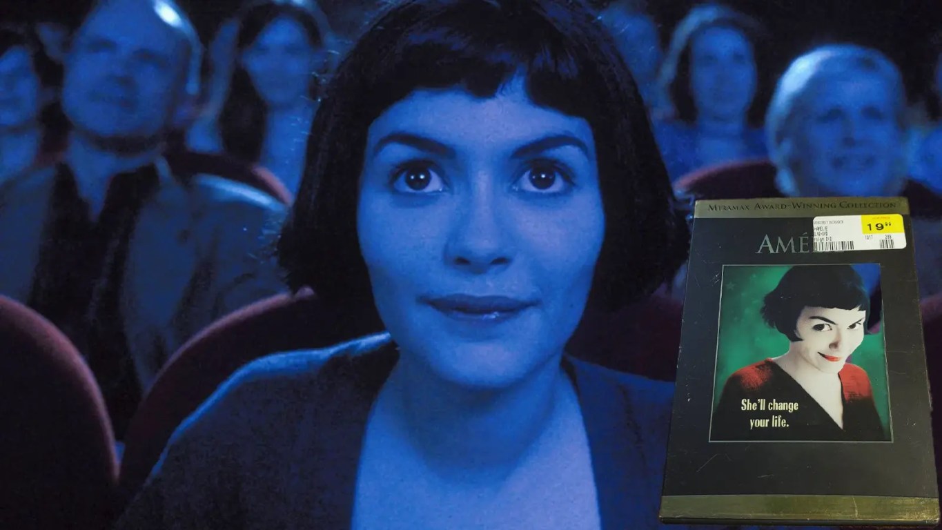 DVD of Audrey Tautou in Amélie (2001) featuring signature Zeiss wide-angle lens distortion and high-saturation red and green color grading.