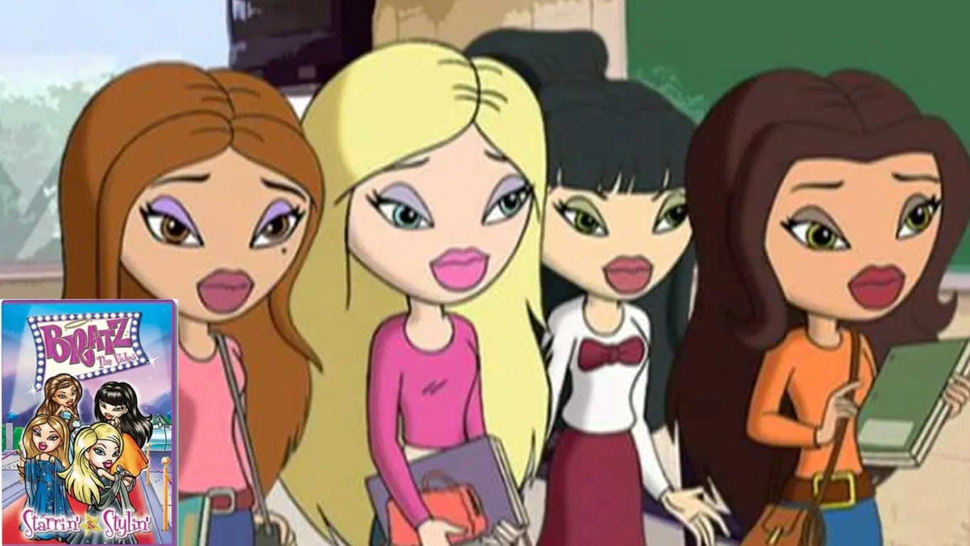 The ‘Core Four’ Bratz characters—Cloe, Jade, Sasha, and Yasmin—in their 2D animated style from the 2004 film 'Starrin' & Stylin', showcasing the mid-2000s 'Passion for Fashion' aesthetic.