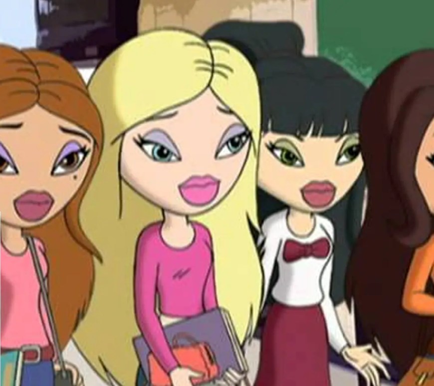 The ‘Core Four’ Bratz characters—Cloe, Jade, Sasha, and Yasmin—in their 2D animated style from the 2004 film 'Starrin' & Stylin', showcasing the mid-2000s 'Passion for Fashion' aesthetic.