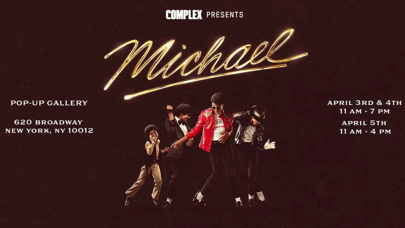 Official event graphic for the 'Michael' movie and Complex pop-up experience at 620 Broadway, Manhattan, happening April 3-5.