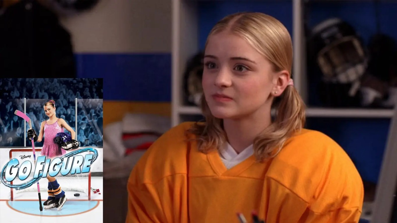 Jordan Hinson in the 2005 Disney Channel movie Go Figure, posing with one figure skate and one hockey skate to represent her dual life.