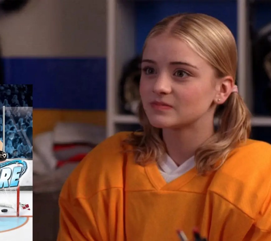Jordan Hinson in the 2005 Disney Channel movie Go Figure, posing with one figure skate and one hockey skate to represent her dual life.