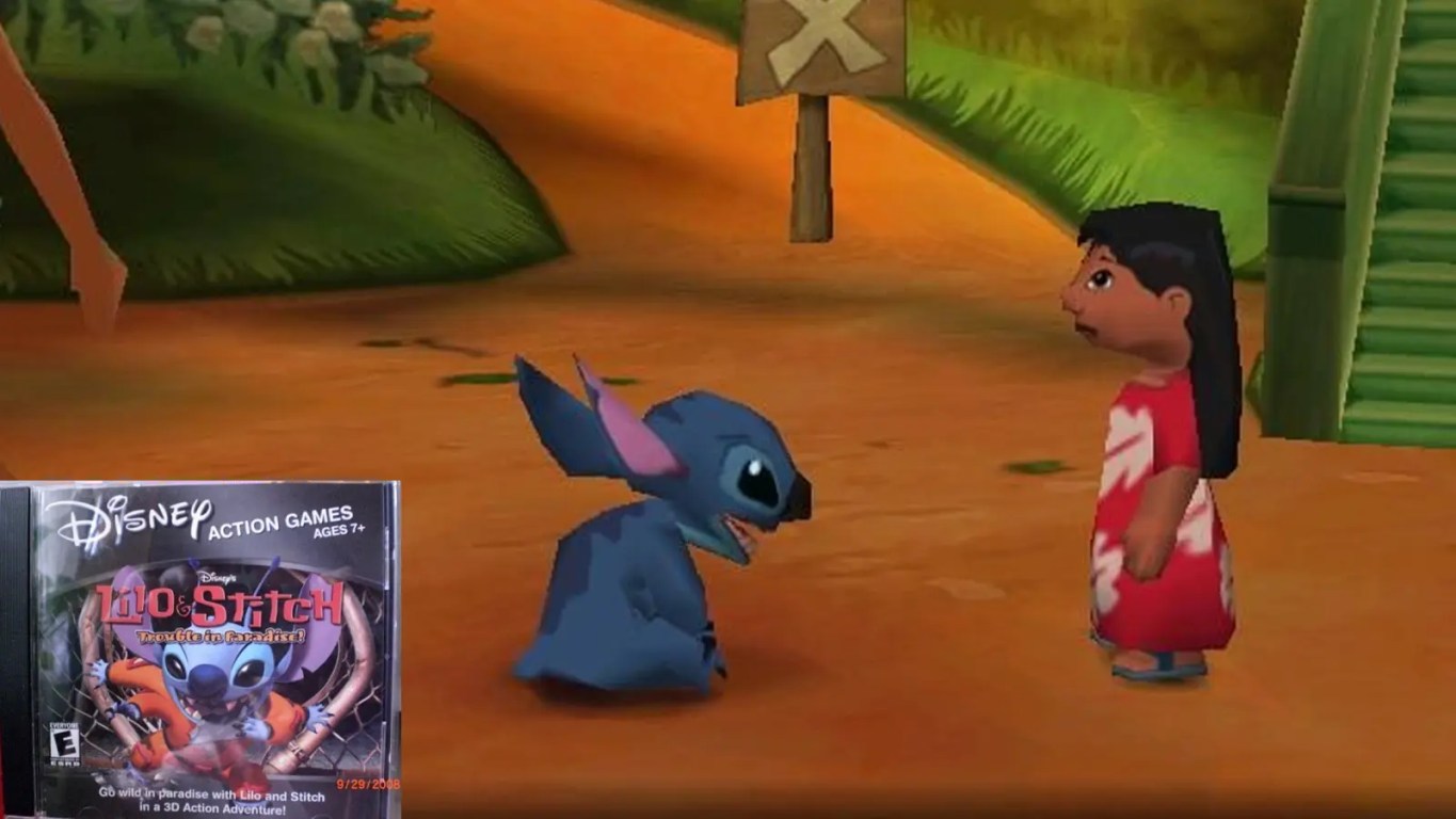 Lilo Pelekai in a stealth mission from the Disney Lilo and Stitch video game for PS1, hiding from Cobra Bubbles in a watercolor-style environment.