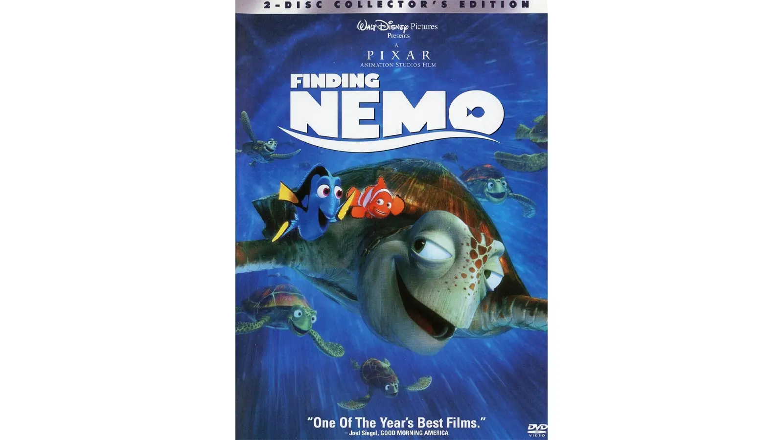 The original 2003 Finding Nemo 2-Disc Collector’s Edition DVD cover. The blue underwater-themed case features Marlin and Dory swimming toward the viewer, with Bruce the shark looming in the dark background and a bright yellow 'Collector’s Edition' banner at the top.