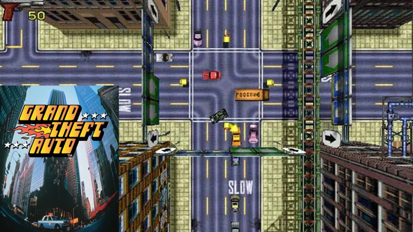 The original 1997 Grand Theft Auto PC big-box art featuring a yellow taxi and the top-down Liberty City skyline.
