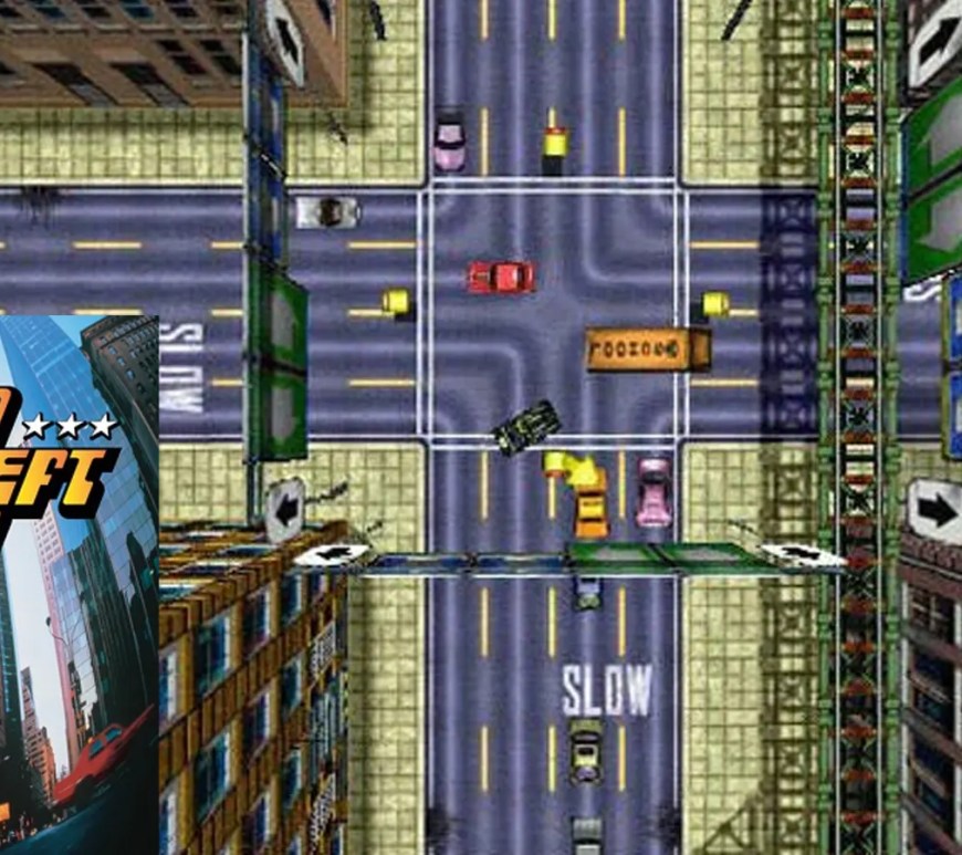 The original 1997 Grand Theft Auto PC big-box art featuring a yellow taxi and the top-down Liberty City skyline.