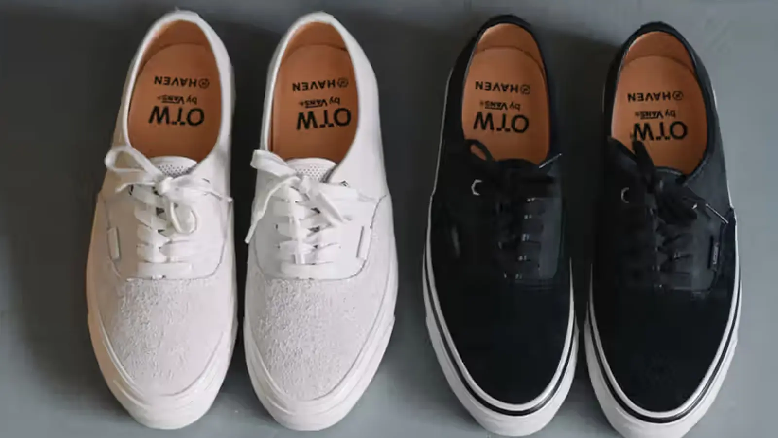 The HAVEN x OTW by Vans Authentic 44 Vibram in Haven White and Black, featuring the hairy suede toecap and Vibram outsole